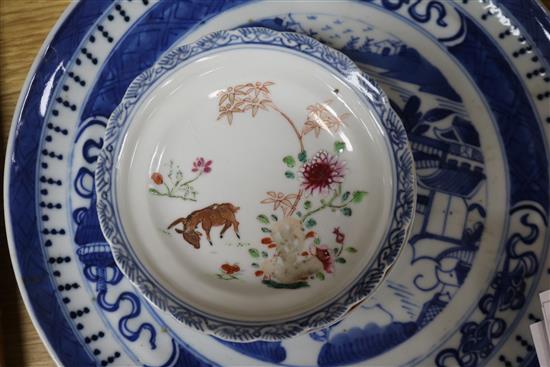 A Chinese crackleglaze censer, two famille rose saucers and a blue and white dish largest diameter 24cm